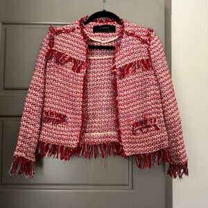 Zara Red White Plaid Tweed Fringe Jacket Women’s Size XS